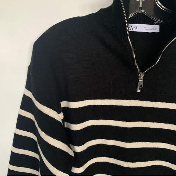 Zara 🆕 Breton Striped Marinière Sweater 1/4 Zip Parisian Chic Black Off White M - Picture 5 of 13